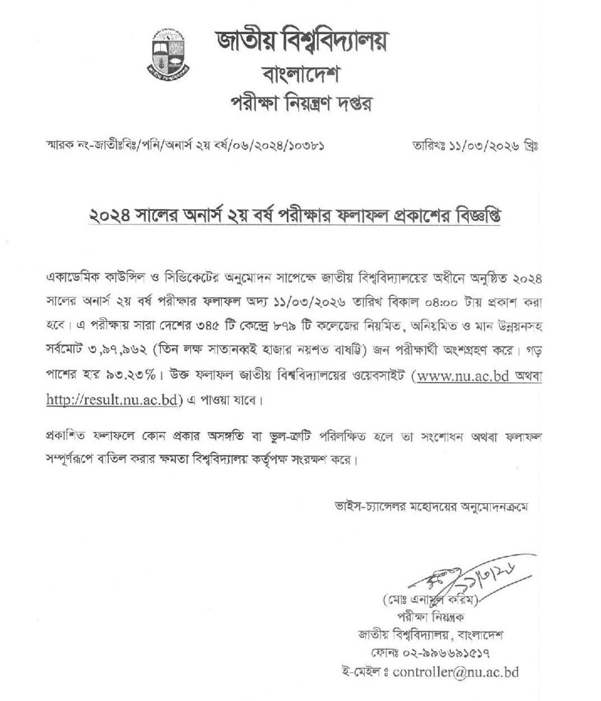 NU Honours 2nd Year Result 2026 Notice